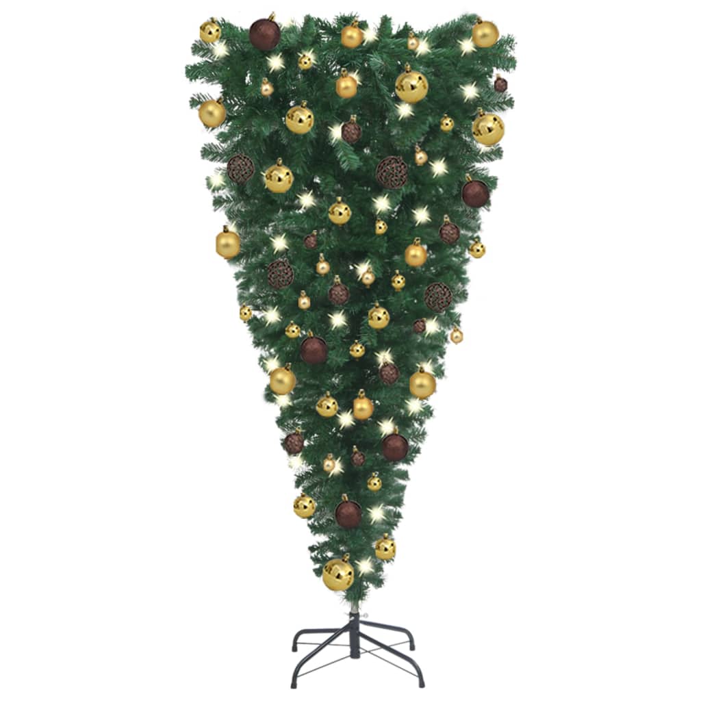 vidaXL Forhåndsbelyst kunstig opp-ned juletre med kulesett 120 cm