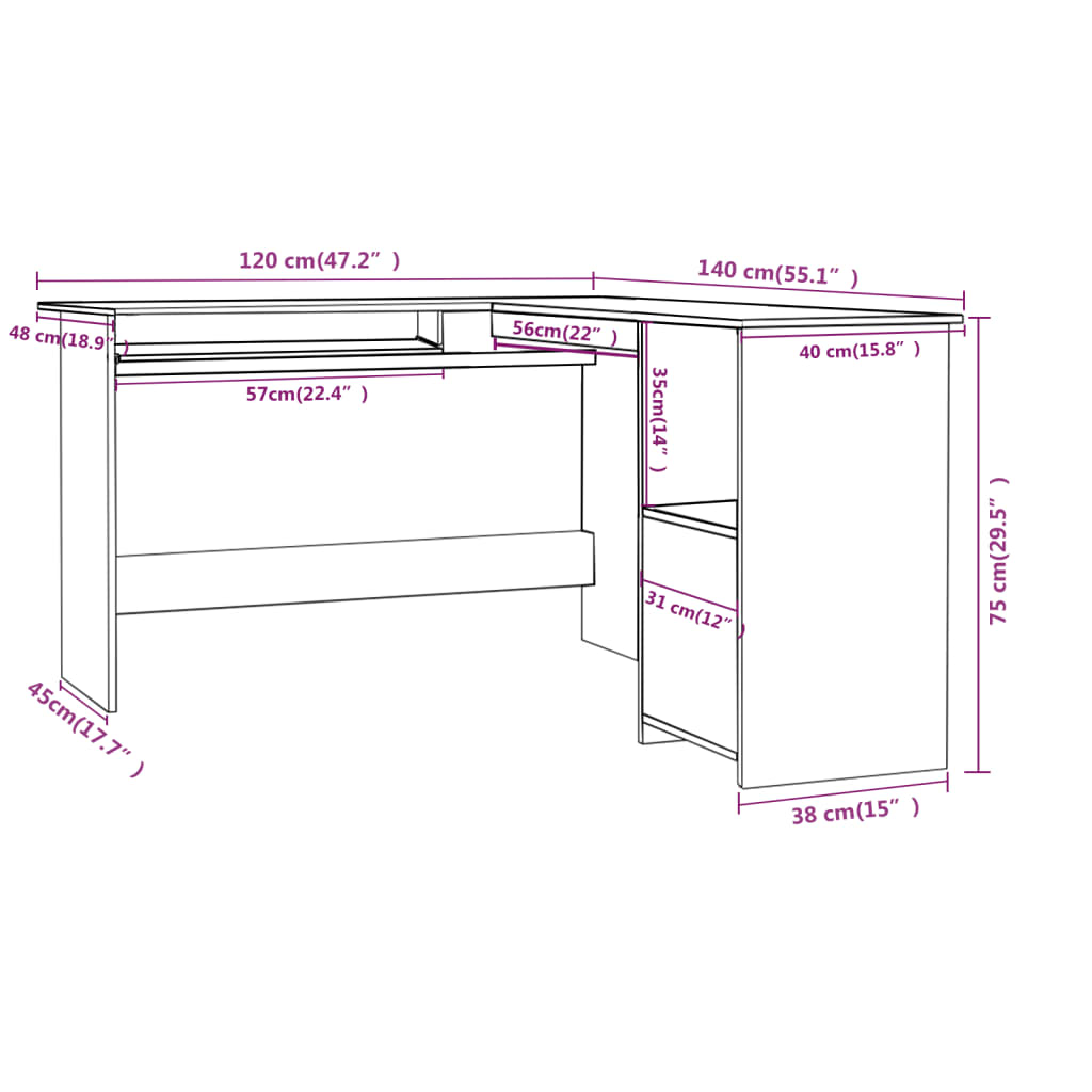 vidaXL L-formet hjørneskrivebord høyglans hvit 120x140x75 cm sponplate