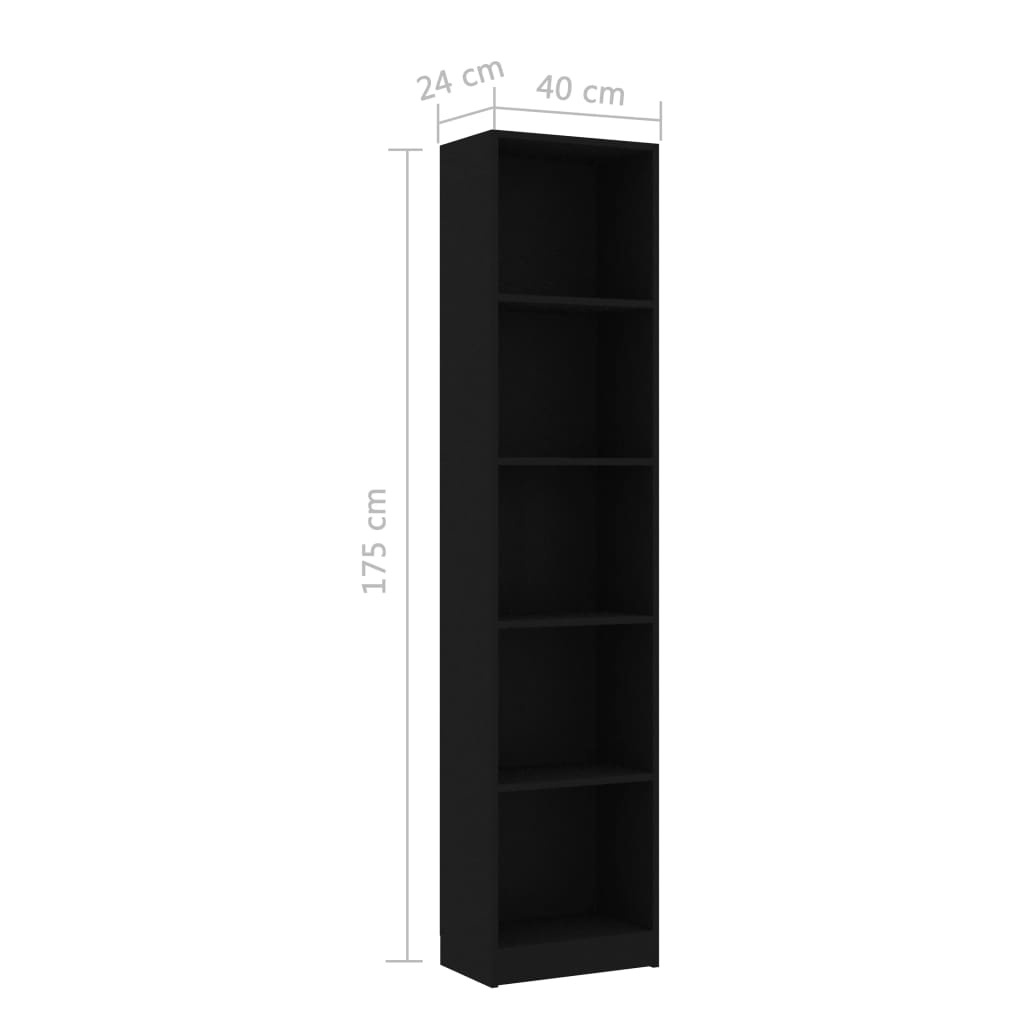 vidaXL Bokhylle 5 nivåer svart 40x24x175 cm sponplate
