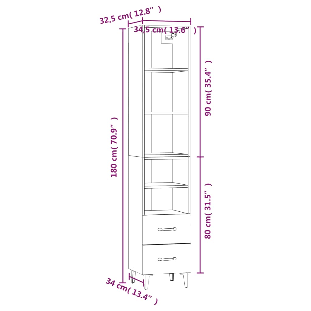 vidaXL Highboard sonoma eik 34,5x34x180 cm konstruert tre