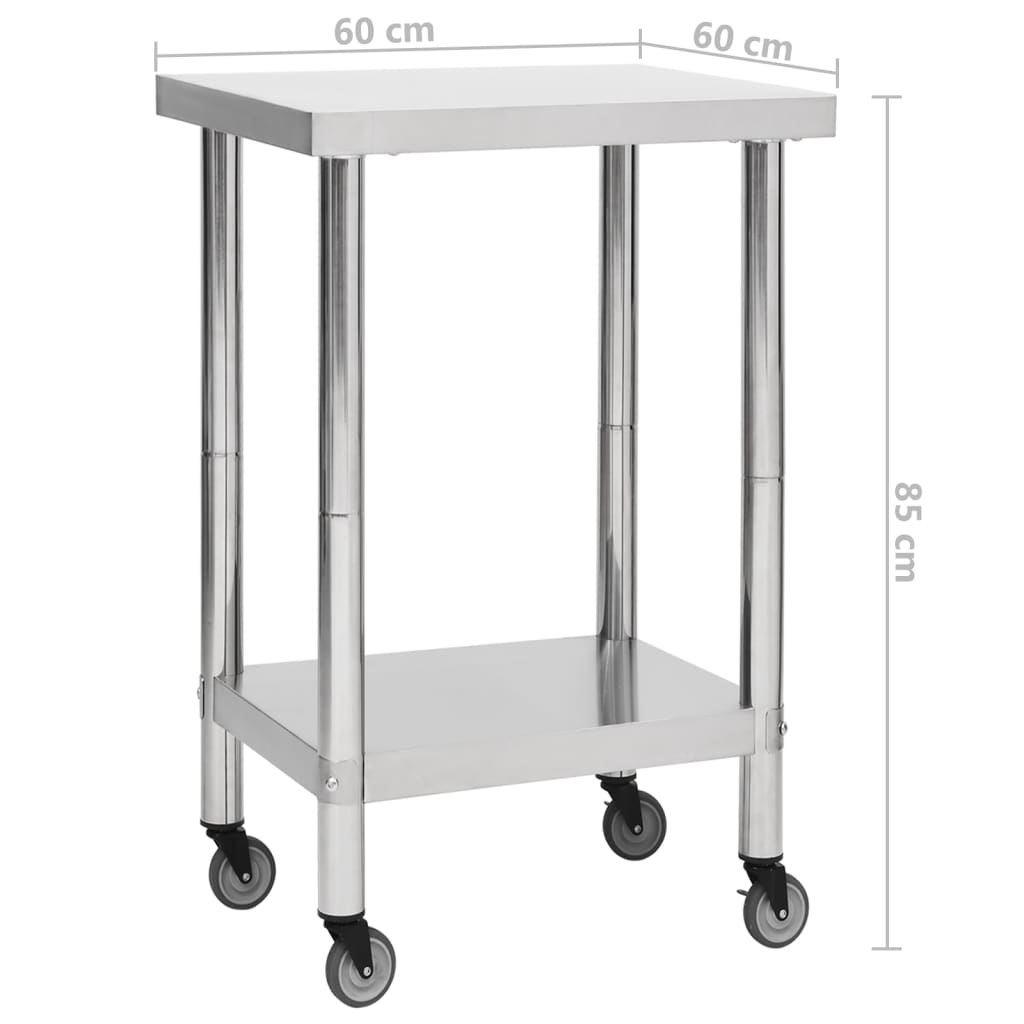 vidaXL Arbeidsbord for kjøkken med hjul 60x60x85 cm rustfritt stål