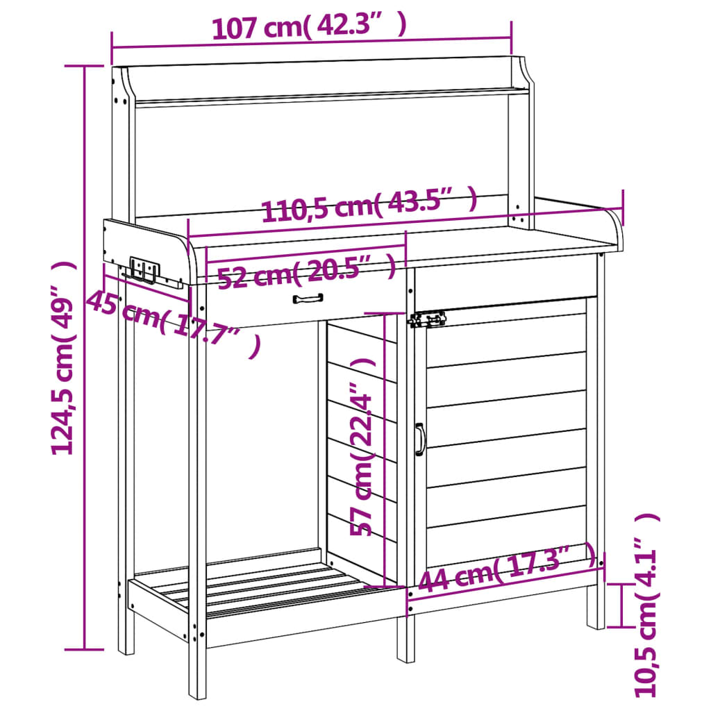 vidaXL Pottebord med skap grå 110,5x45x124,5 cm heltre gran