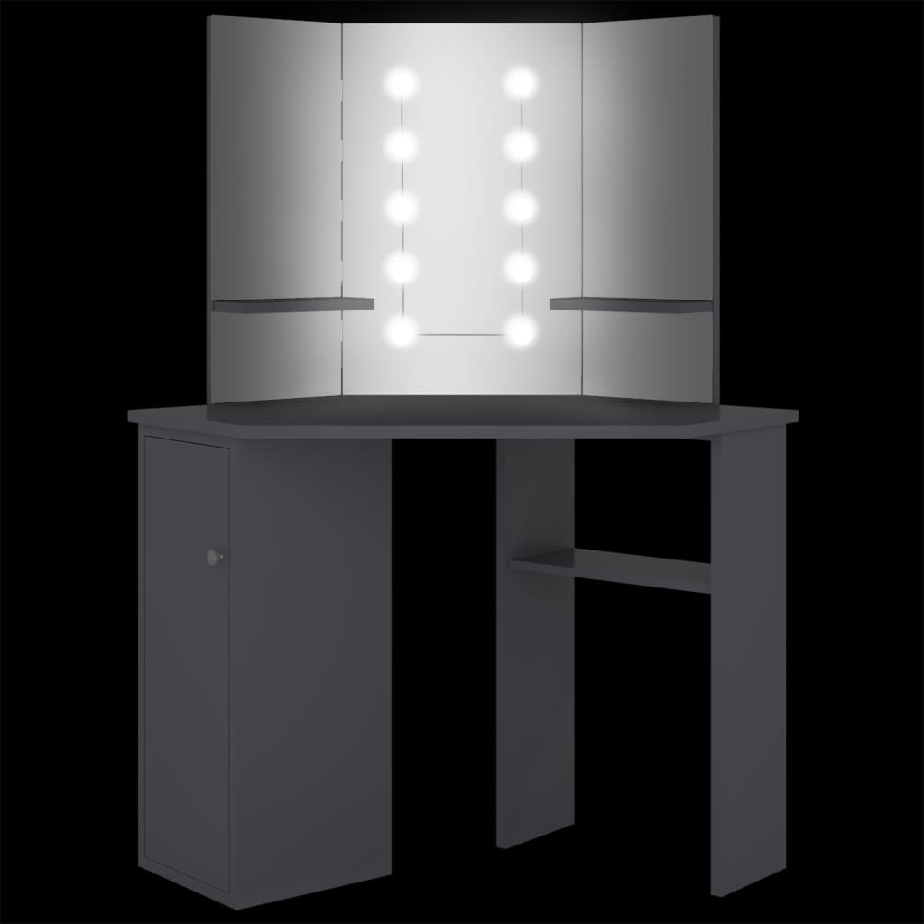vidaXL Hjørnemontert sminkebord med LED grå 111x54x141,5 cm