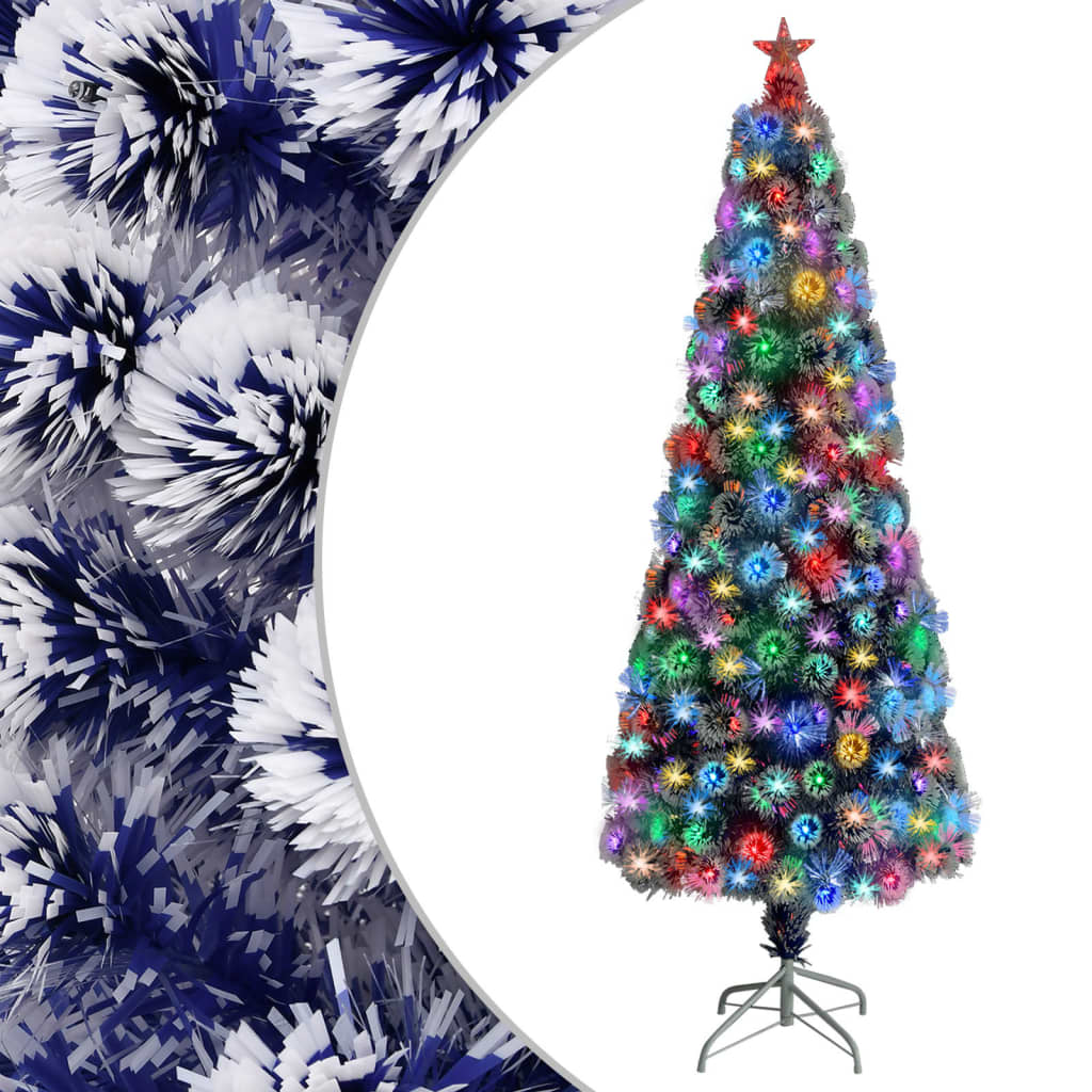 vidaXL Kunstig juletre med LED hvit og blå 210 cm fiberoptikk