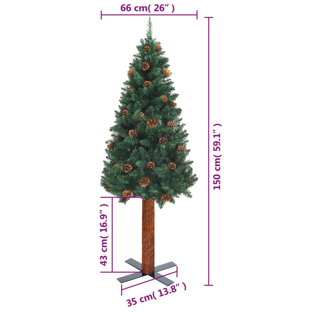vidaXL Slankt juletre med ekte tre og furukongler grønn 150 cm PVC