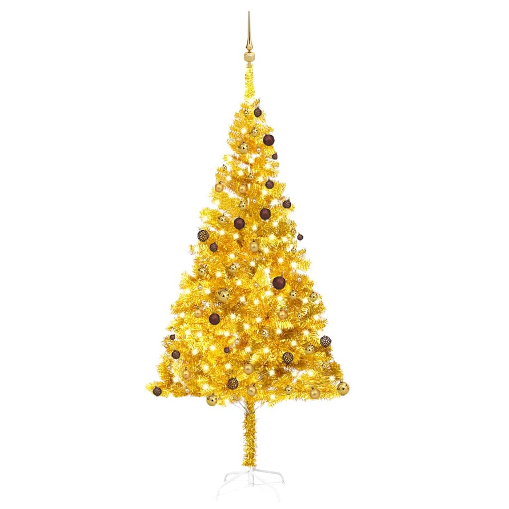 vidaXL Forhåndsbelyst kunstig juletre med kulesett gull 240 cm PVC