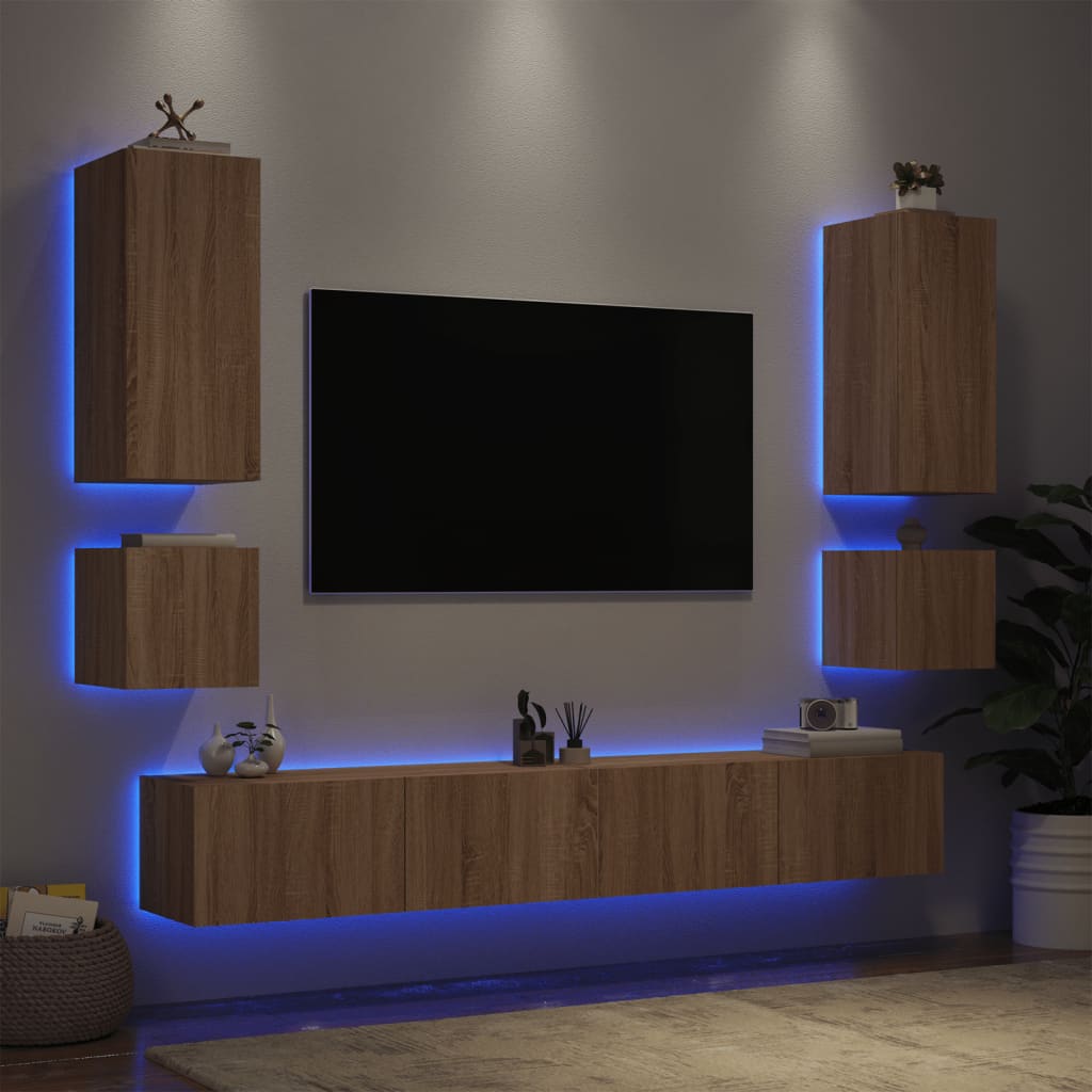 vidaXL Vegghengte TV-benker med LED 6 stk sonoma eik