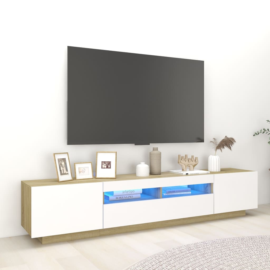 vidaXL TV-benk med LED-lys hvit og sonoma eik 200x35x40 cm