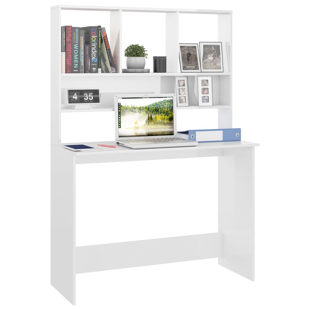 vidaXL Skrivebord med hyller høyglans hvit 110x45x157 cm sponplate