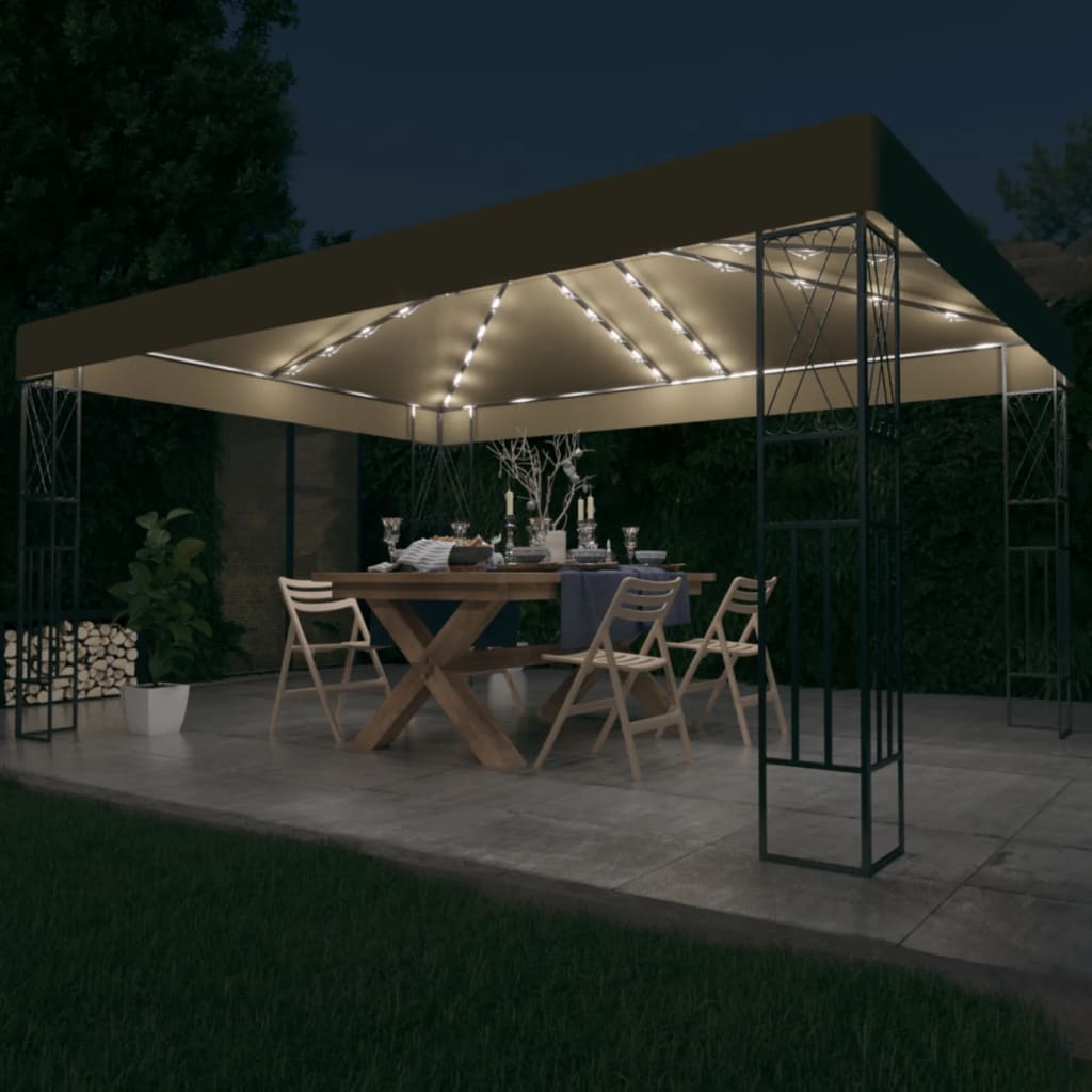 vidaXL Paviljong med LED-lysslynge 3x4 m gråbrun stoff