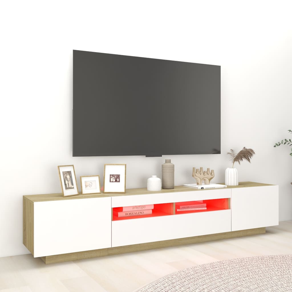 vidaXL TV-benk med LED-lys hvit og sonoma eik 200x35x40 cm