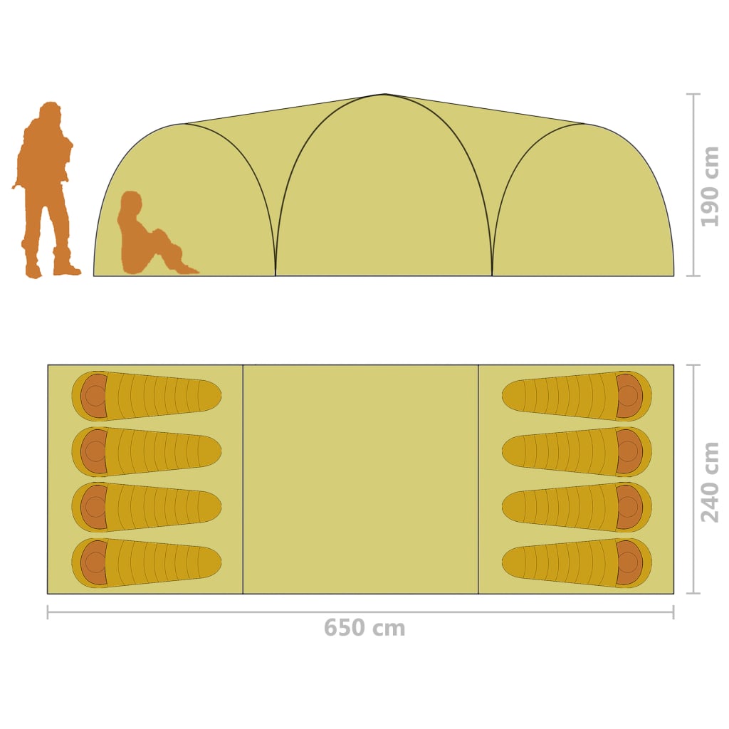 vidaXL Campingtelt igloformet 650x240x190 cm 8 personer grå og oransje