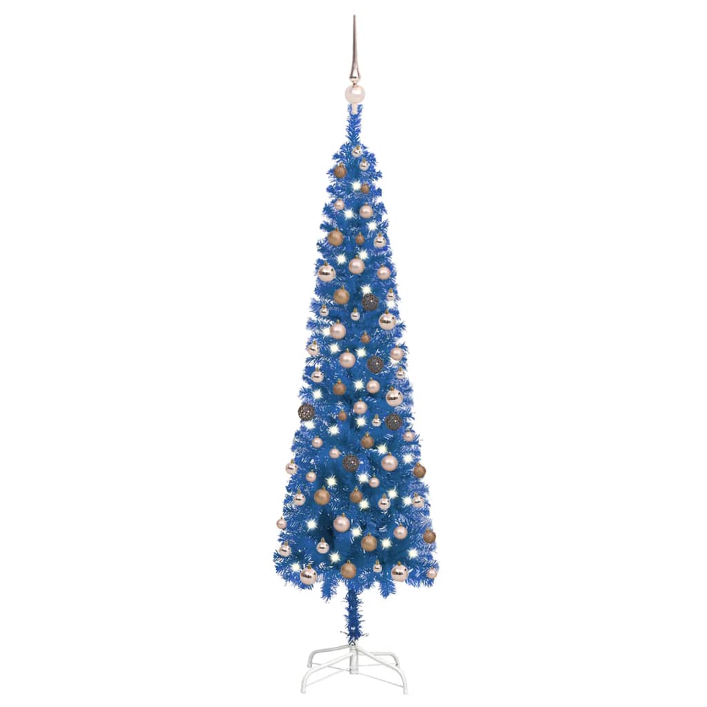 vidaXL Slankt juletre med LED og kulesett blå 180 cm