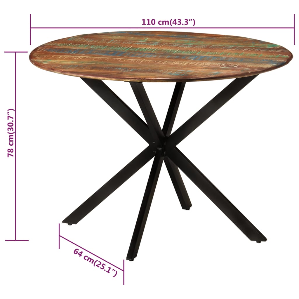 vidaXL Spisebord Ø110x78 cm gjenvunnet heltre og stål