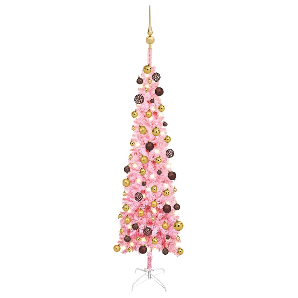 vidaXL Slankt forhåndsbelyst juletre med kulesett rosa 120 cm
