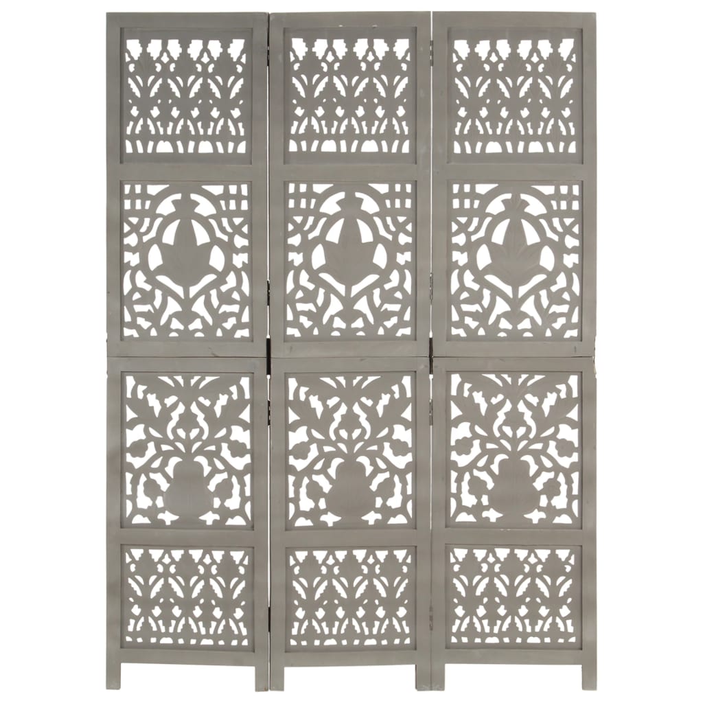 vidaXL Romdeler håndskåret 3 paneler grå 120x165 cm heltre mango