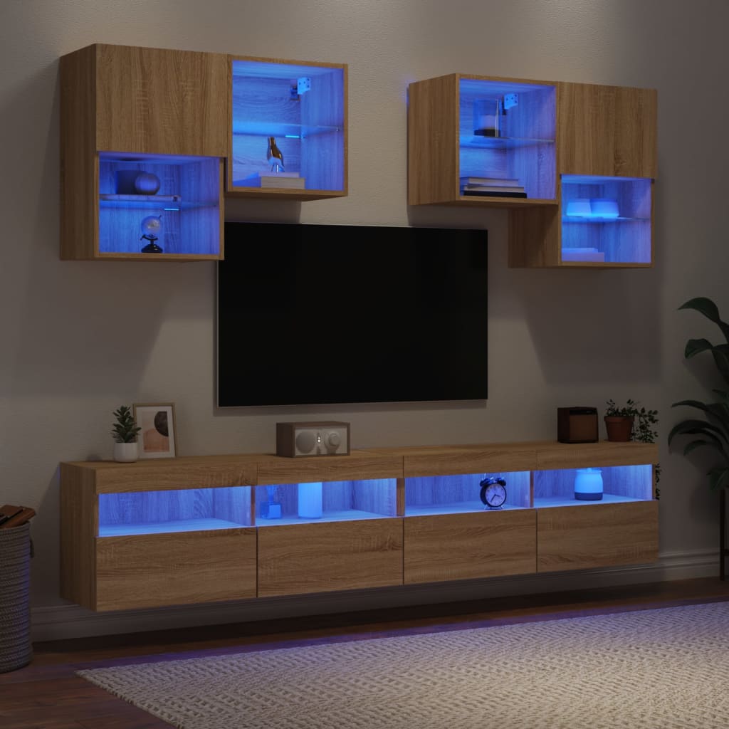 vidaXL Vegghengte TV-benker med LED 6 stk sonoma eik