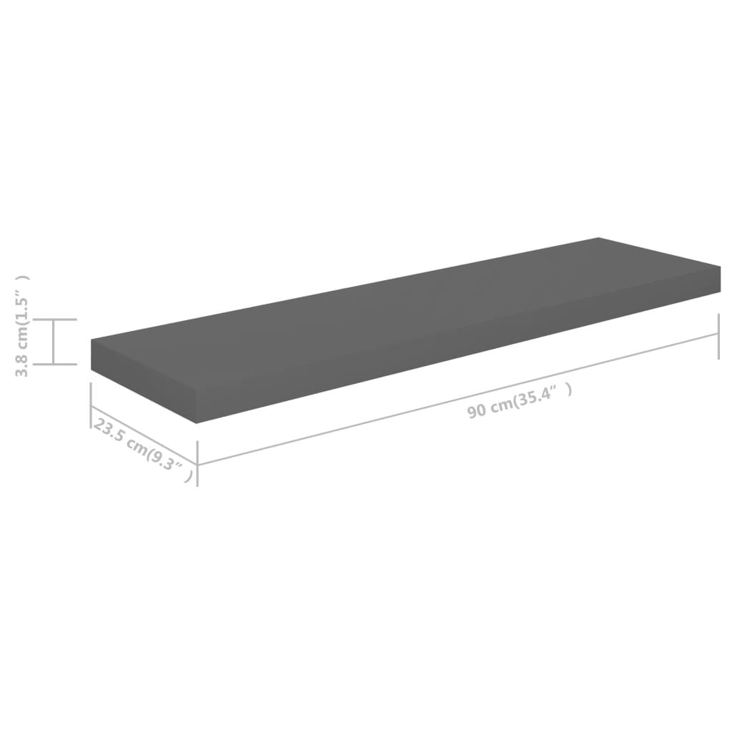 vidaXL Flytende vegghyller 4 stk høyglans grå 90x23,5x3,8 cm MDF