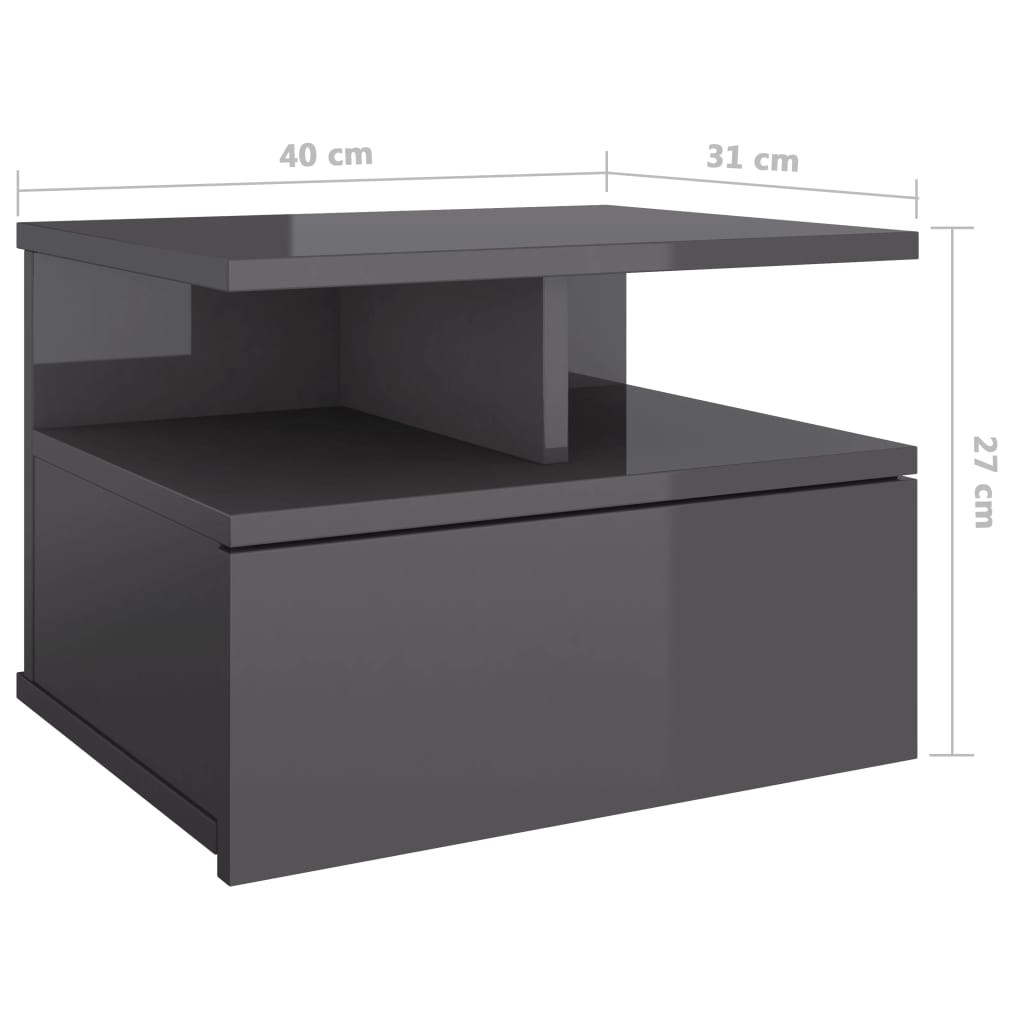 vidaXL Flytende nattbord høyglans grå 40x31x27 cm sponplate