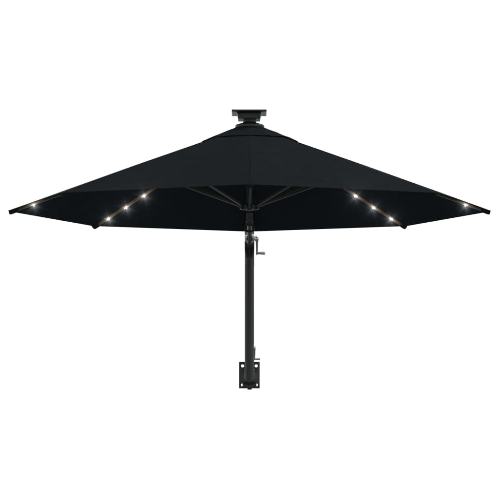 vidaXL Veggmontert parasoll med LED og metallstolpe 300 cm svart