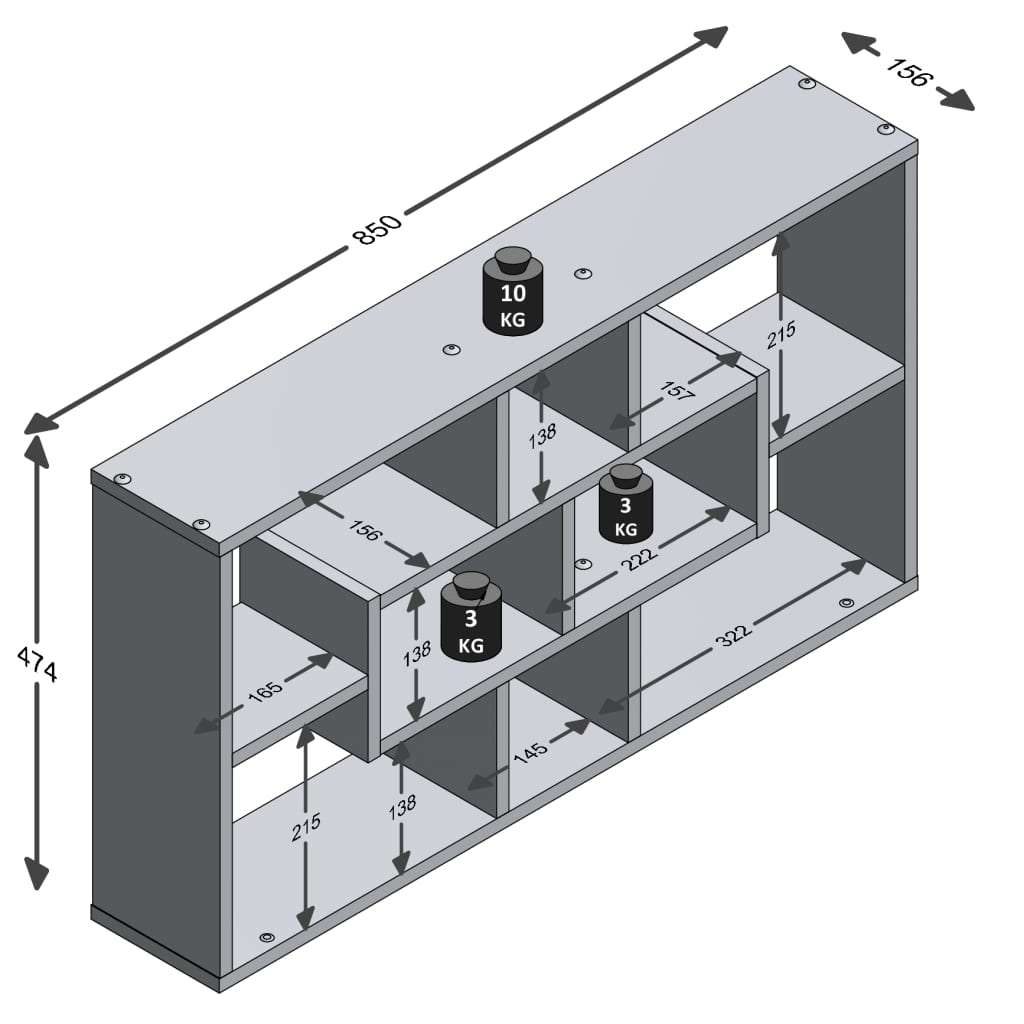 FMD Veggmontert hylle med 8 rom rektangulær eik