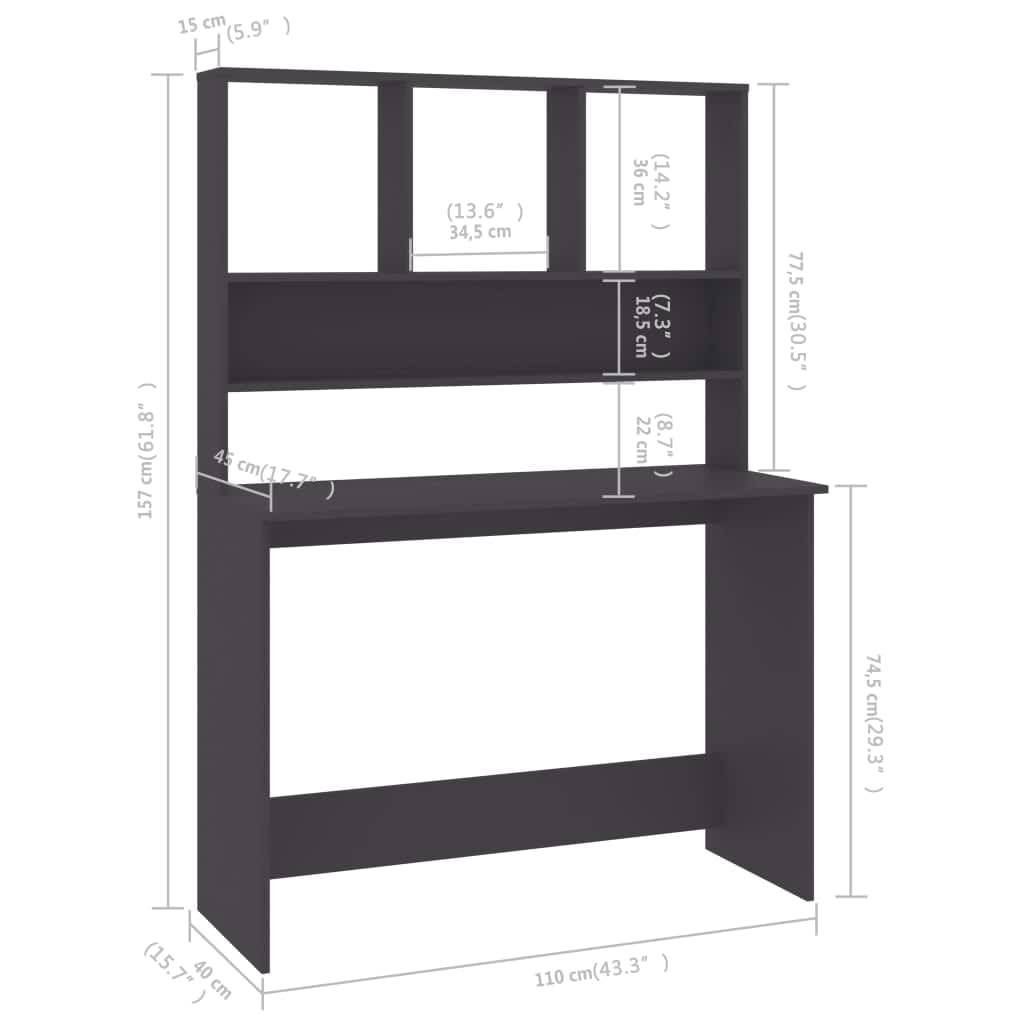 vidaXL Skrivebord med hyller grå 110x45x157 cm sponplate