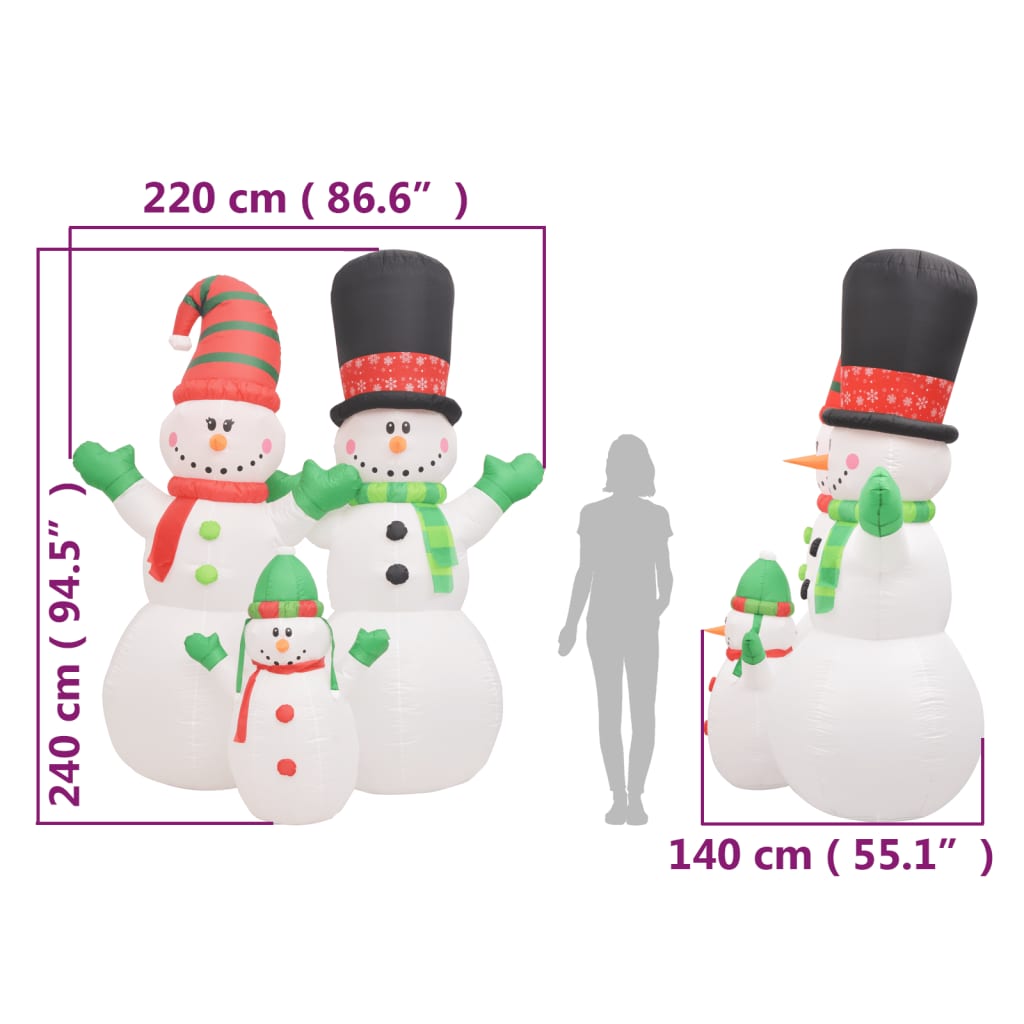 vidaXL Oppblåsbar snømannfamilie med LED 240 cm