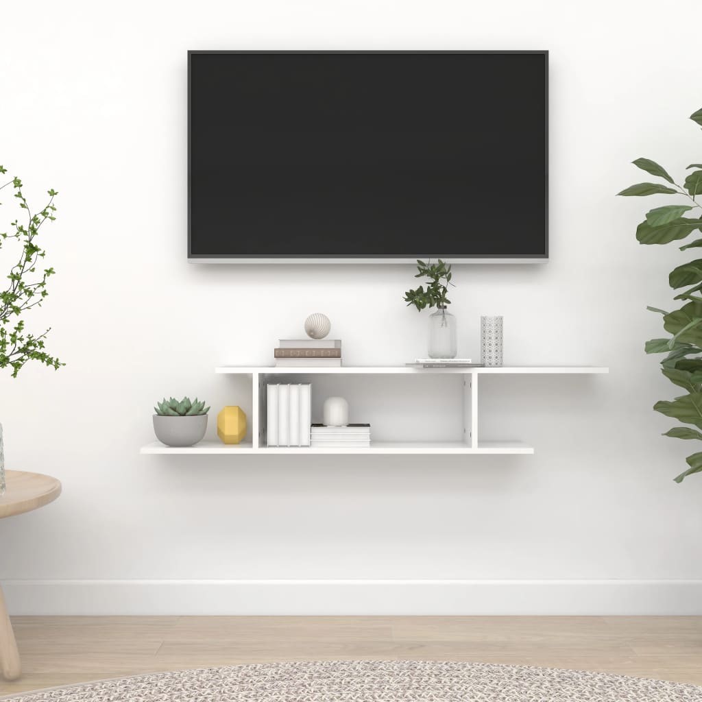vidaXL Veggmontert TV-hylle høyglans hvit 125x18x23 cm sponplate