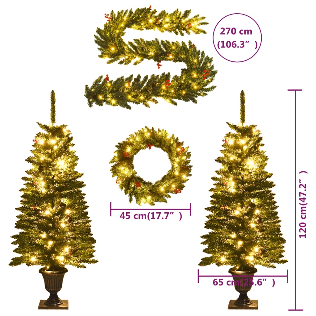 vidaXL Kunstige juletrær 2 stk med krans, girlander og lysdioder