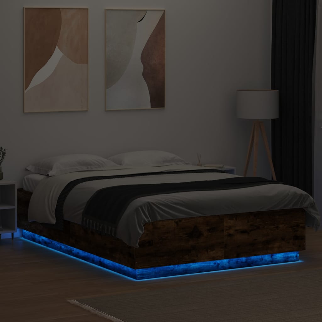 vidaXL Sengeramme med LED-lys røkt eik 160x200 cm konstruert tre