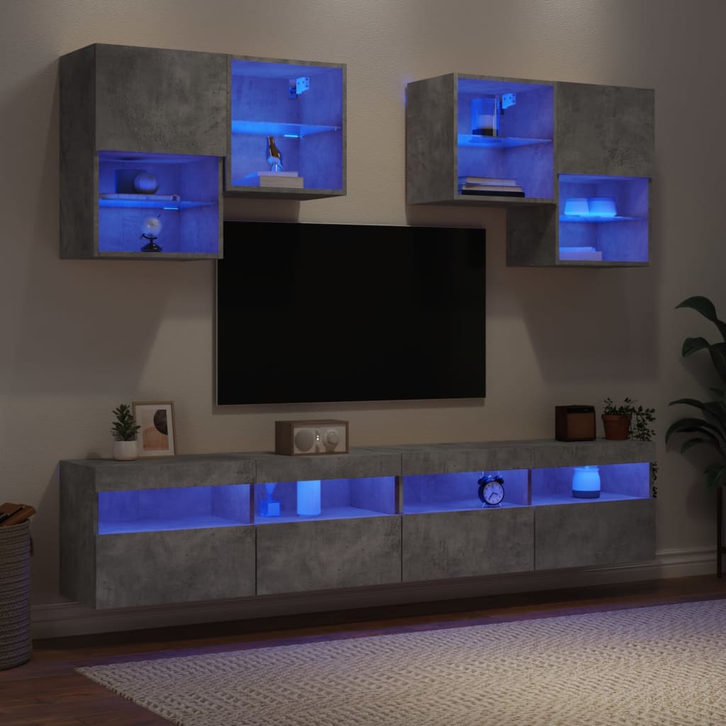 vidaXL Vegghengte TV-benker med LED 6 stk betonggrå