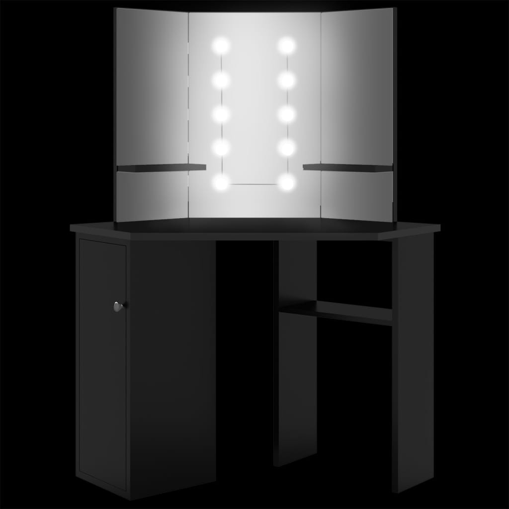 vidaXL Hjørnemontert sminkebord med LED svart 111x54x141,5 cm
