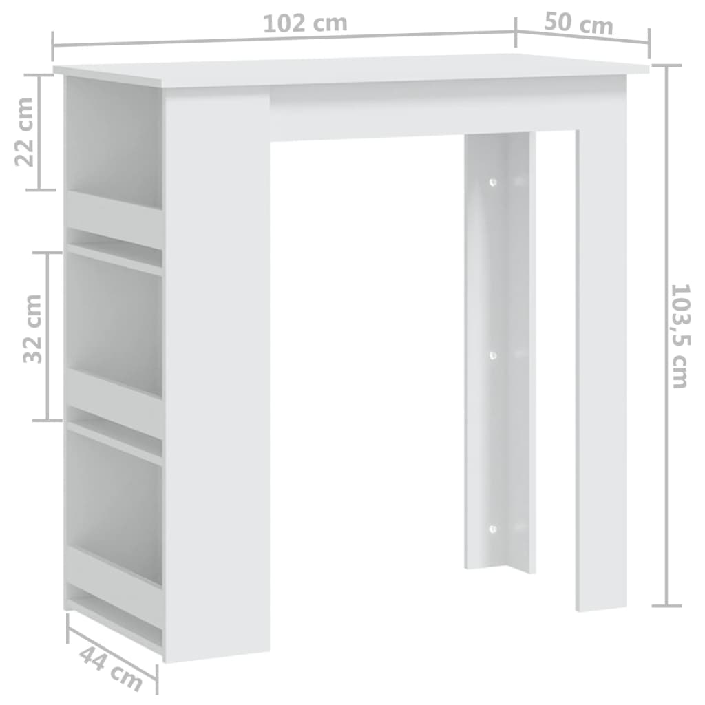 vidaXL Barbord med oppbevaringsstativ hvit 102x50x103,5 cm sponplate