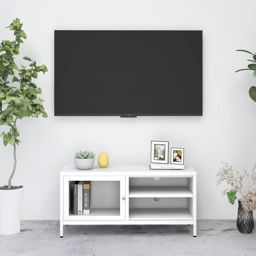 vidaXL TV-benk hvit 90x30x44 cm stål og glass