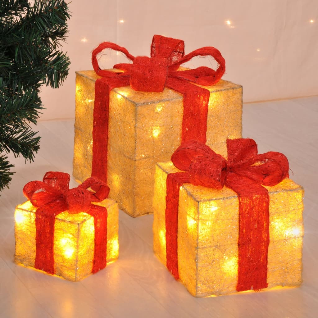 HI Opplyste LED-julegaveesker med røde sløyfer 3 stk