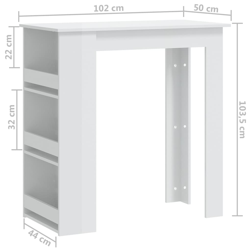 vidaXL Barbord med oppbevaringsstativ høyglans hvit 102x50x103,5 cm