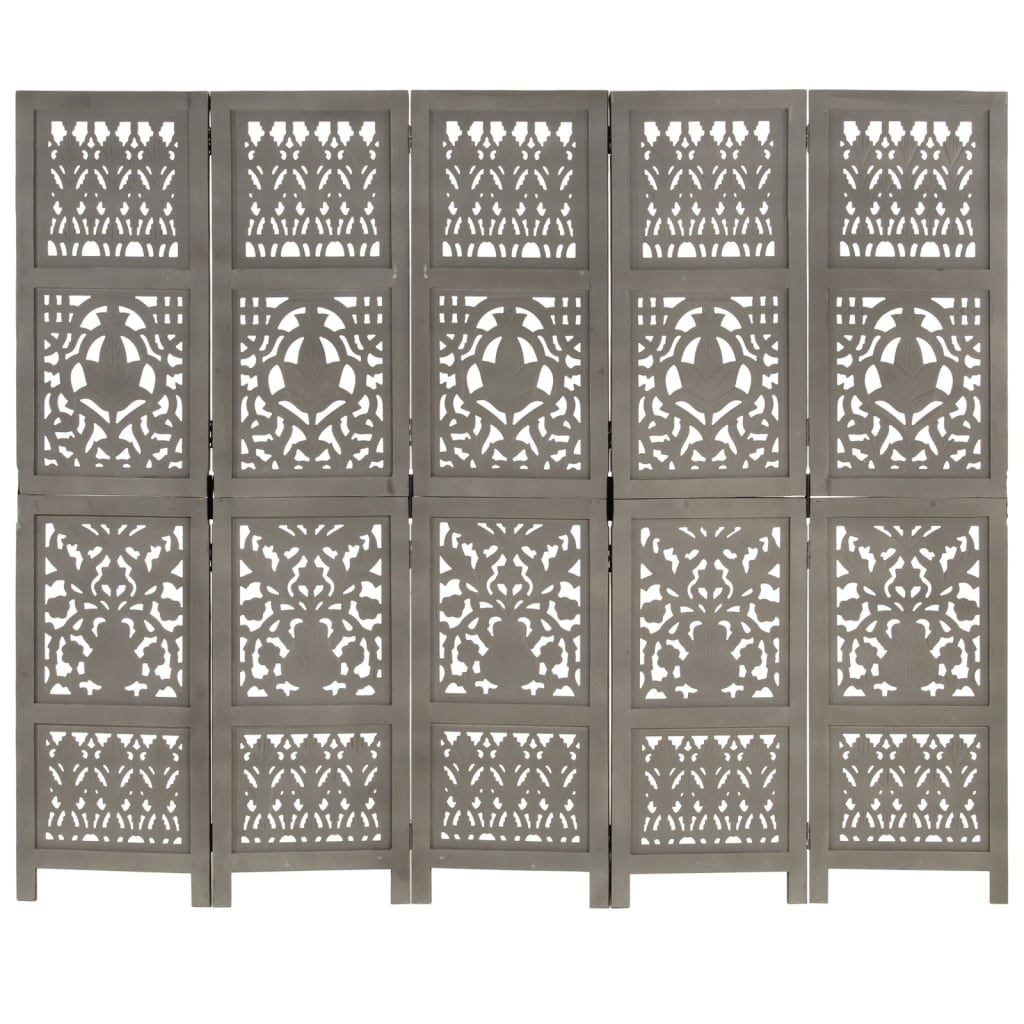 vidaXL Romdeler håndskåret 5 paneler grå 200x165 cm heltre mango