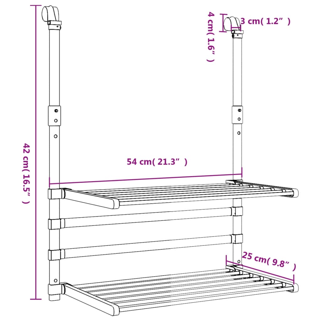 vidaXL Tørkestativ for balkong 54x25x42 cm aluminium