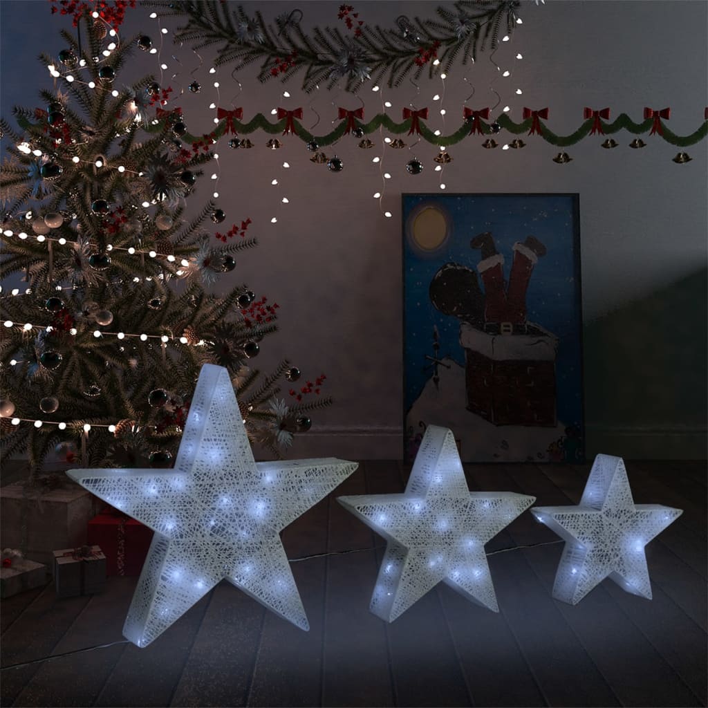 vidaXL Julepynt stjerner 3 stk hvit netting LED utendørs innendørs
