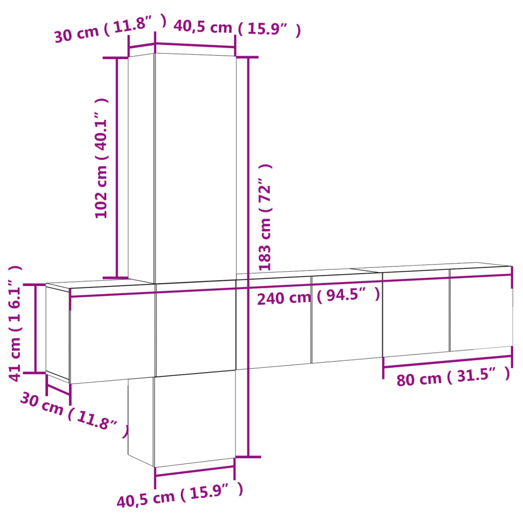 vidaXL Vegghengte TV-enheter 5 deler betonggrå konstruert tre