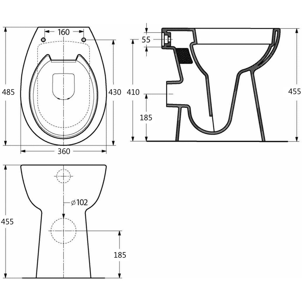 vidaXL Høyt kantfritt toalett myk lukkemekanisme 7 cm keramisk svart
