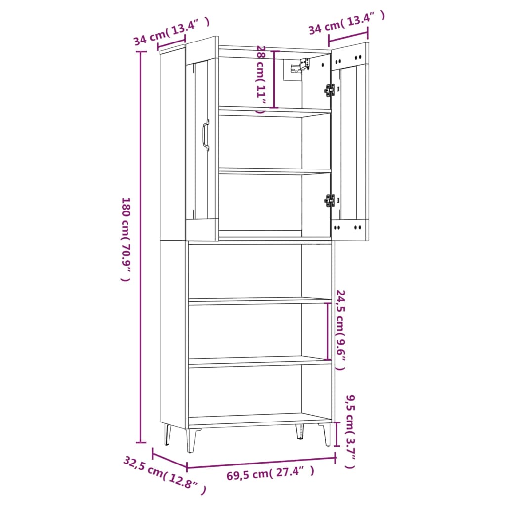 vidaXL Highboard høyglans hvit 69,5x34x180 cm konstruert tre