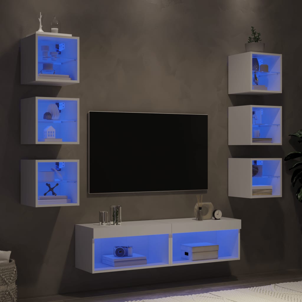 vidaXL Vegghengte TV-enheter med LED 8 deler hvit konstruert tre