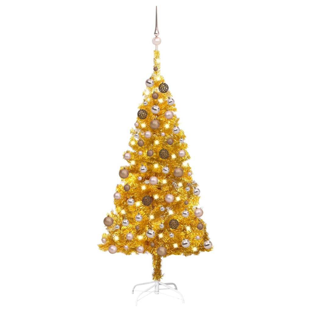 vidaXL Forhåndsbelyst kunstig juletre med kulesett gull 150 cm PVC