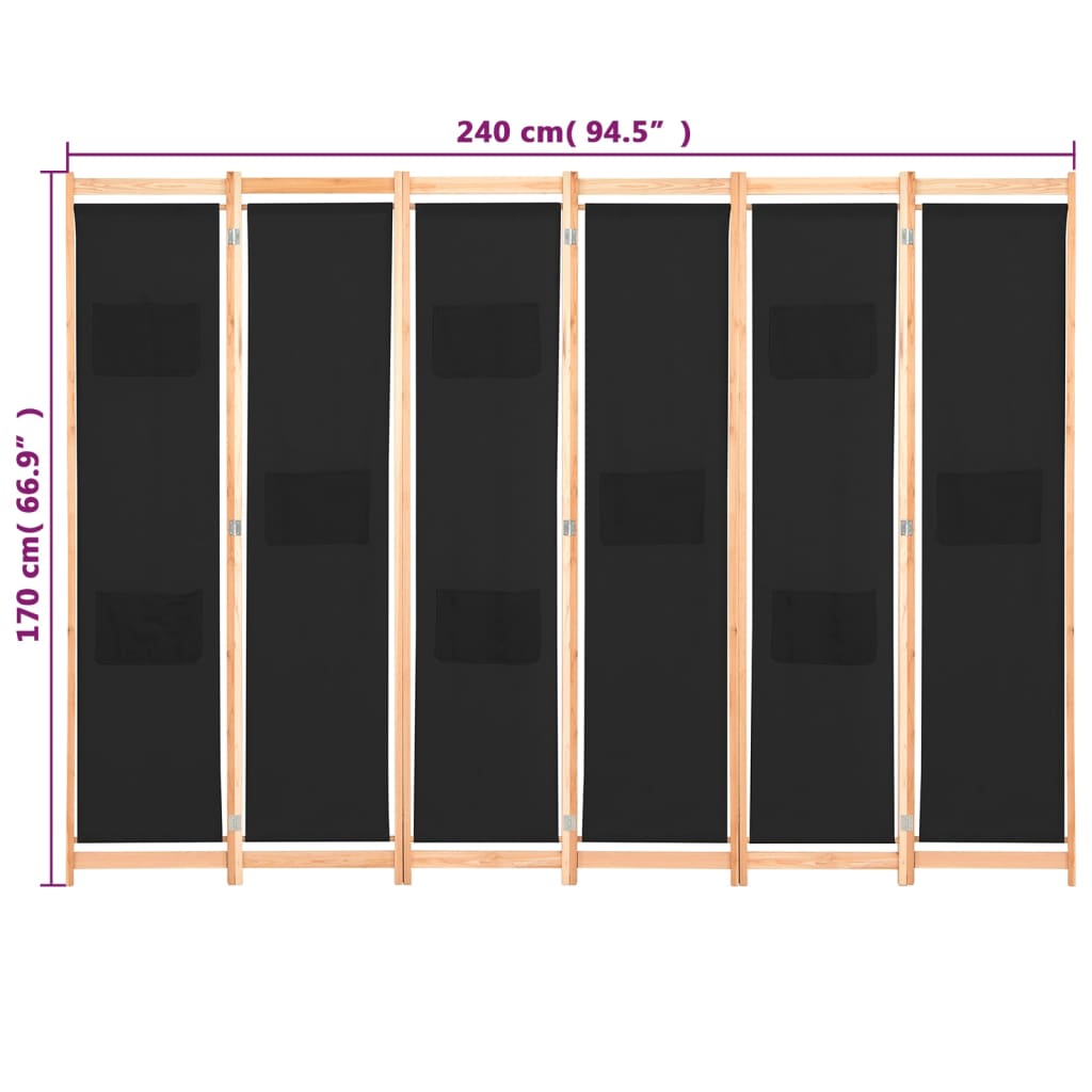 vidaXL Romdeler 6 paneler svart 240x170x4 cm stoff