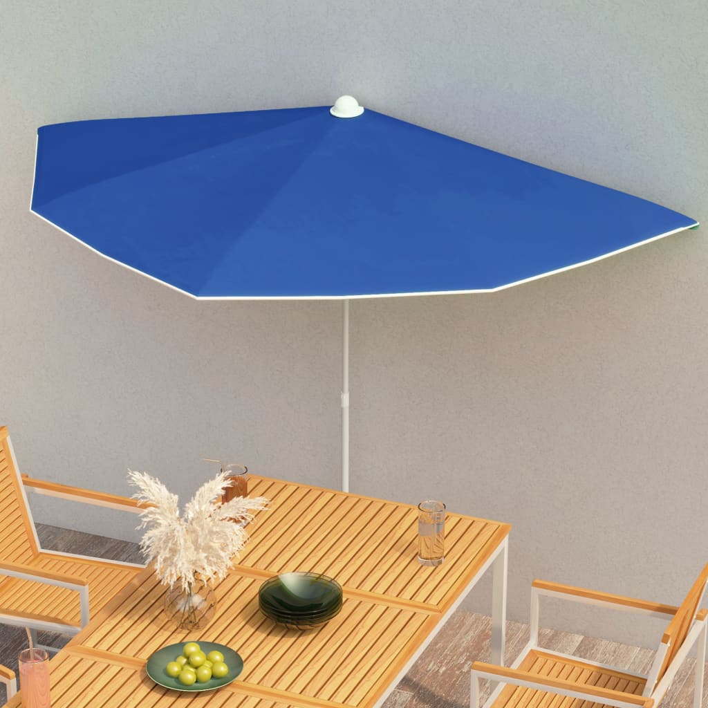 vidaXL Halvrund parasoll med stang 180x90 cm asurblå