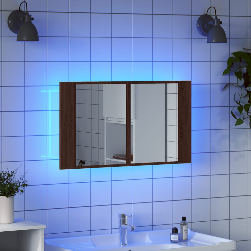 vidaXL LED-speilskap brun eik 80x12x45 cm akryl